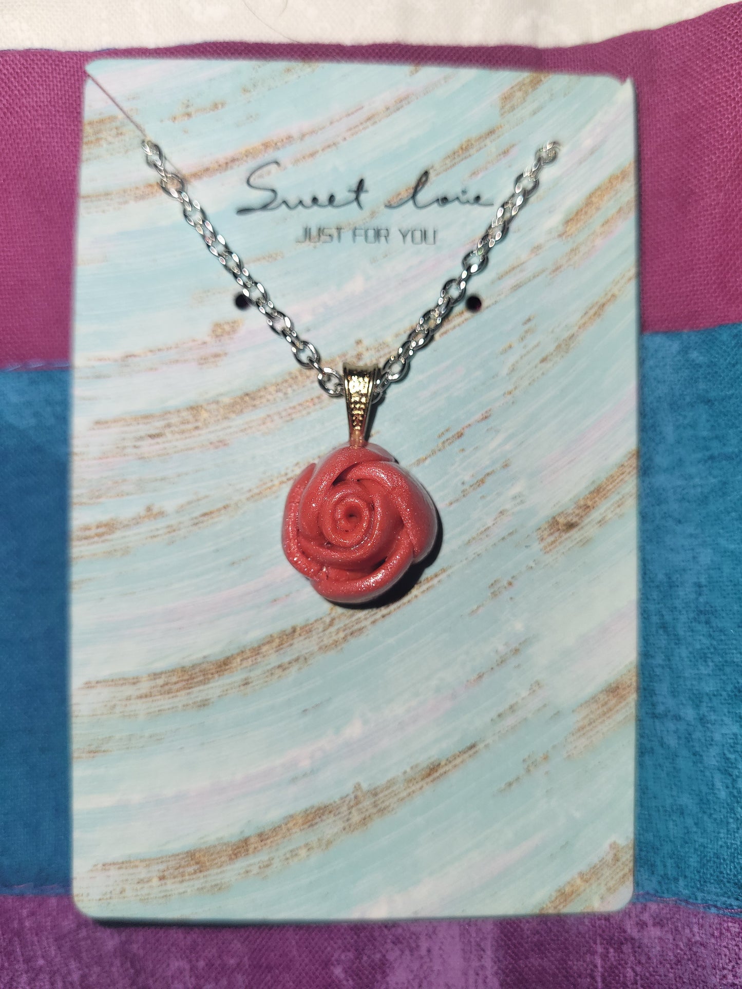 Handmade pink rose necklace