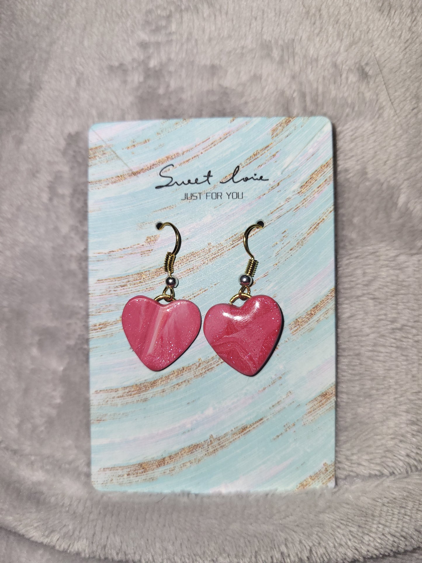 Homemade red/pink/white marbled dangling earrings