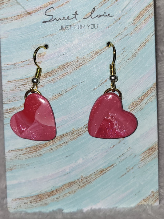 Homemade red/pink/white marbled dangling earrings